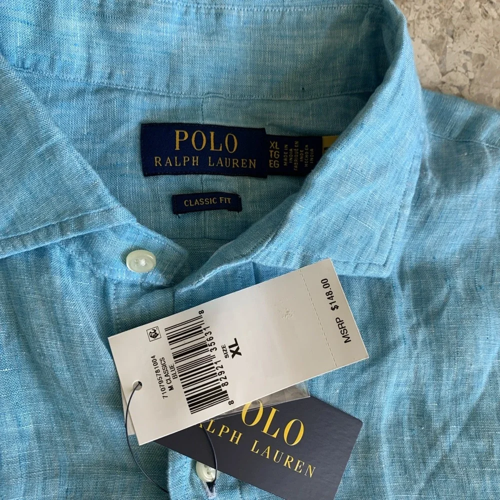 Polo Ralph Lauren 100% Linen Blue Long Sleeve Shirt Classic Fit Men's Size XL